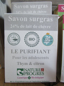Savon fabriqué en France. Marque Antheya labellisée Nature & Progrès. Savon surgras purifiant au thym et au citron.